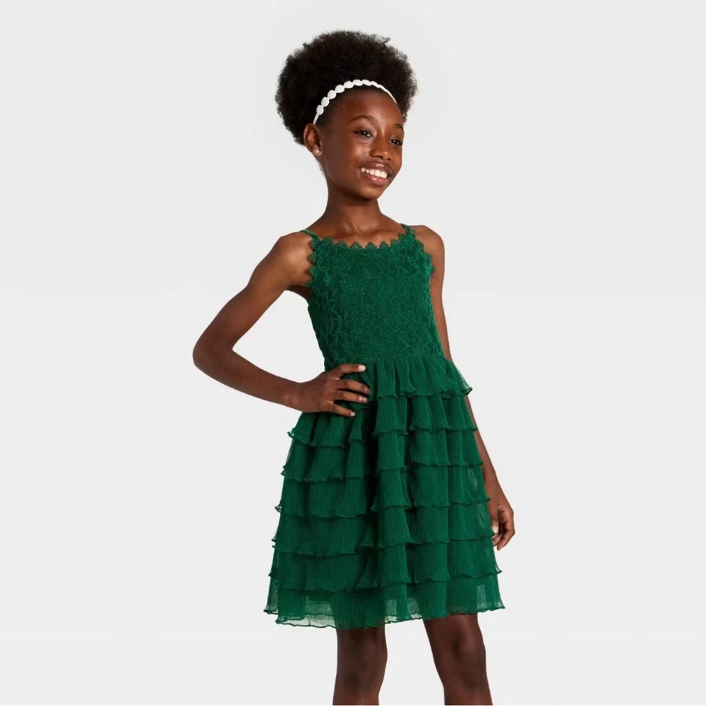 Cat & Jack Girls' Tiered Lace Dress - Dark Green, M